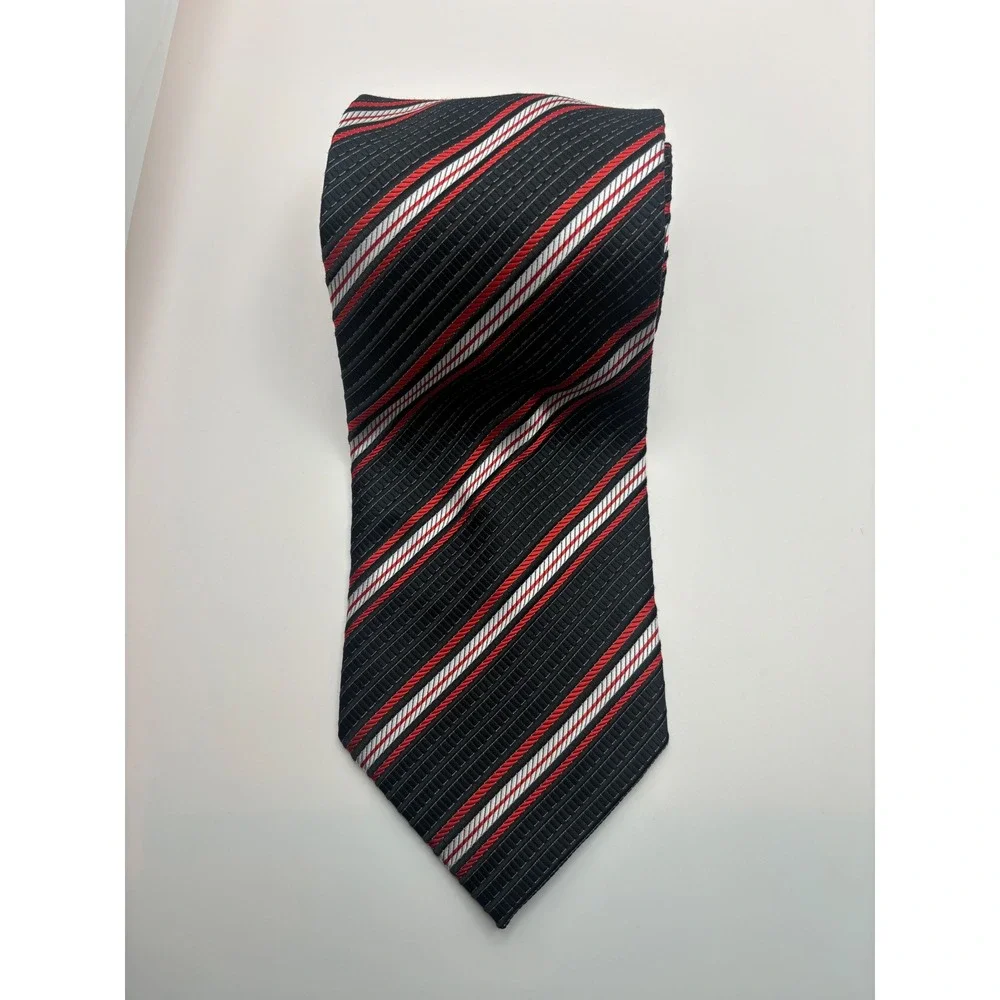 Angelino Mens Necktie Black Red White Diagonal Striped Hand Made Microfiber 1608